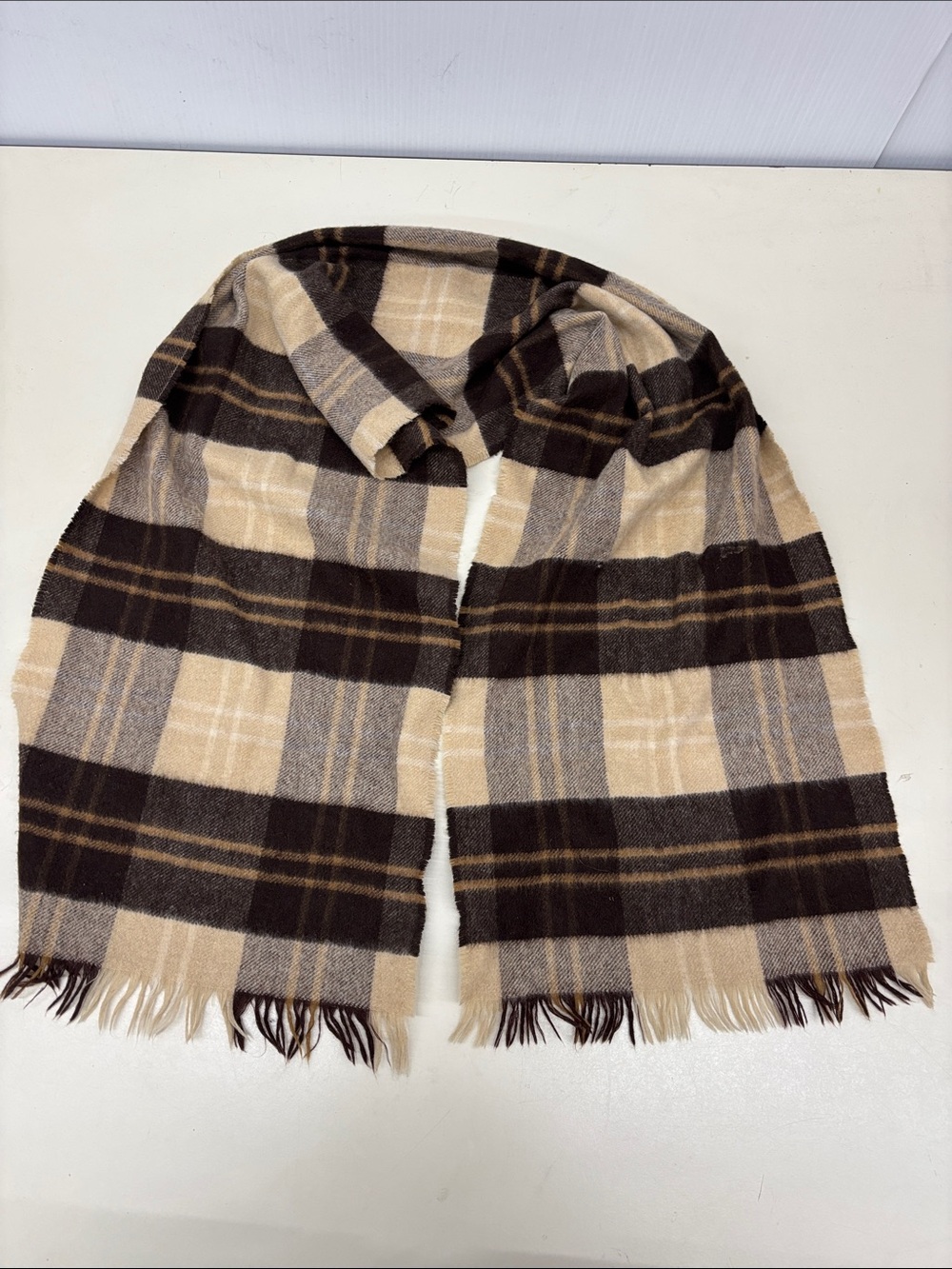 Johnstons of Elgin Cashmere Brown, Beige, and Gray Plaid Fringe Scarf